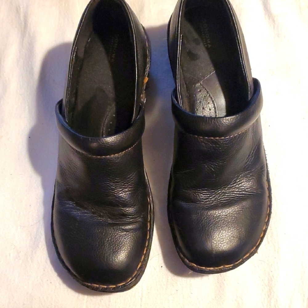 Sonoma Life Style Black Leather Clogs Contrast Stitching Platform Mules Womens